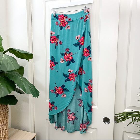 Express Floral Tropical Faux Wrap High Low Skirt XS Blue Pink - Picture 3 of 10